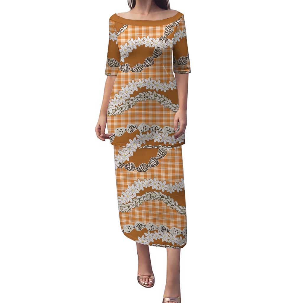 Orange Hawaii Tiare and Shell Lei Puletasi Hawaiian Palaka Luxury Vibes - Polynesian Pride