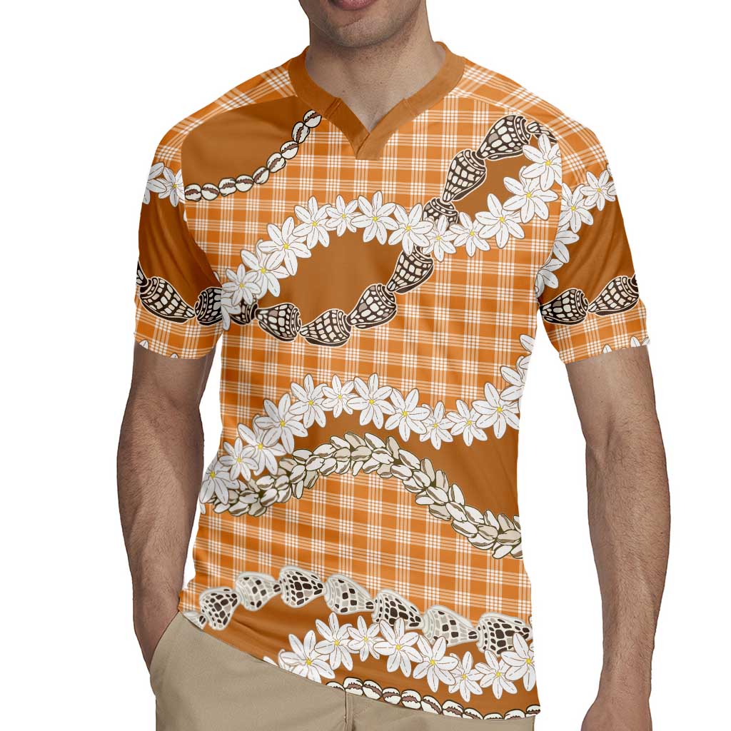 Orange Hawaii Tiare and Shell Lei Rugby Jersey Hawaiian Palaka Luxury Vibes - Polynesian Pride
