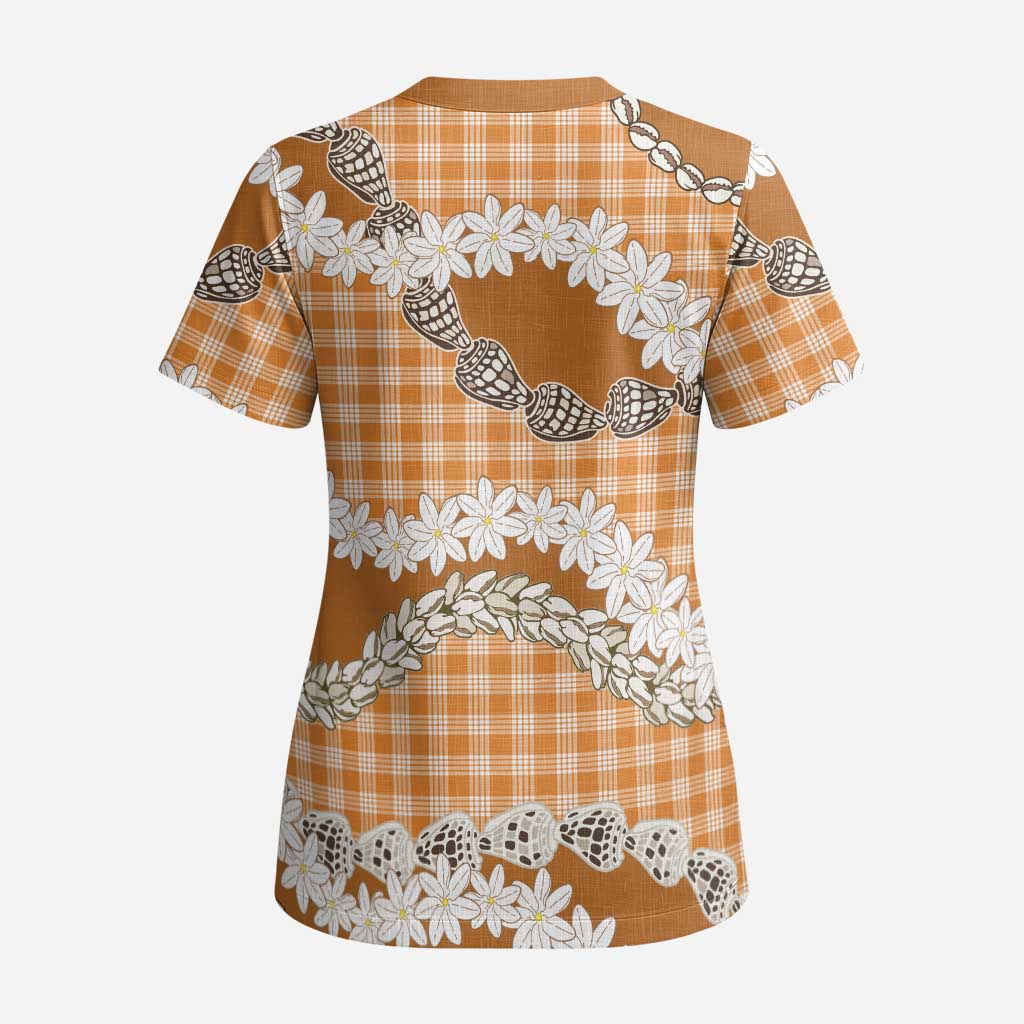 Orange Hawaii Tiare and Shell Lei Scrub Top Hawaiian Palaka Luxury Vibes - Polynesian Pride