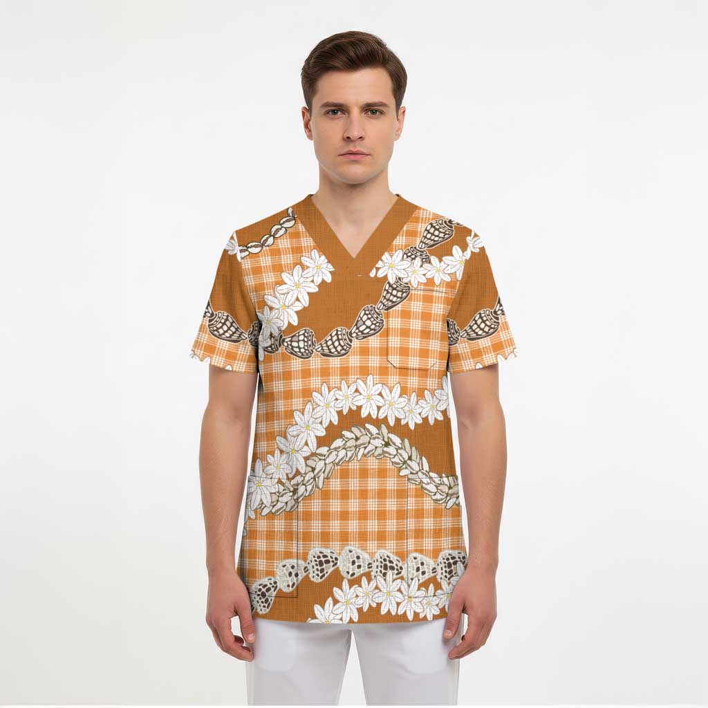 Orange Hawaii Tiare and Shell Lei Scrub Top Hawaiian Palaka Luxury Vibes - Polynesian Pride