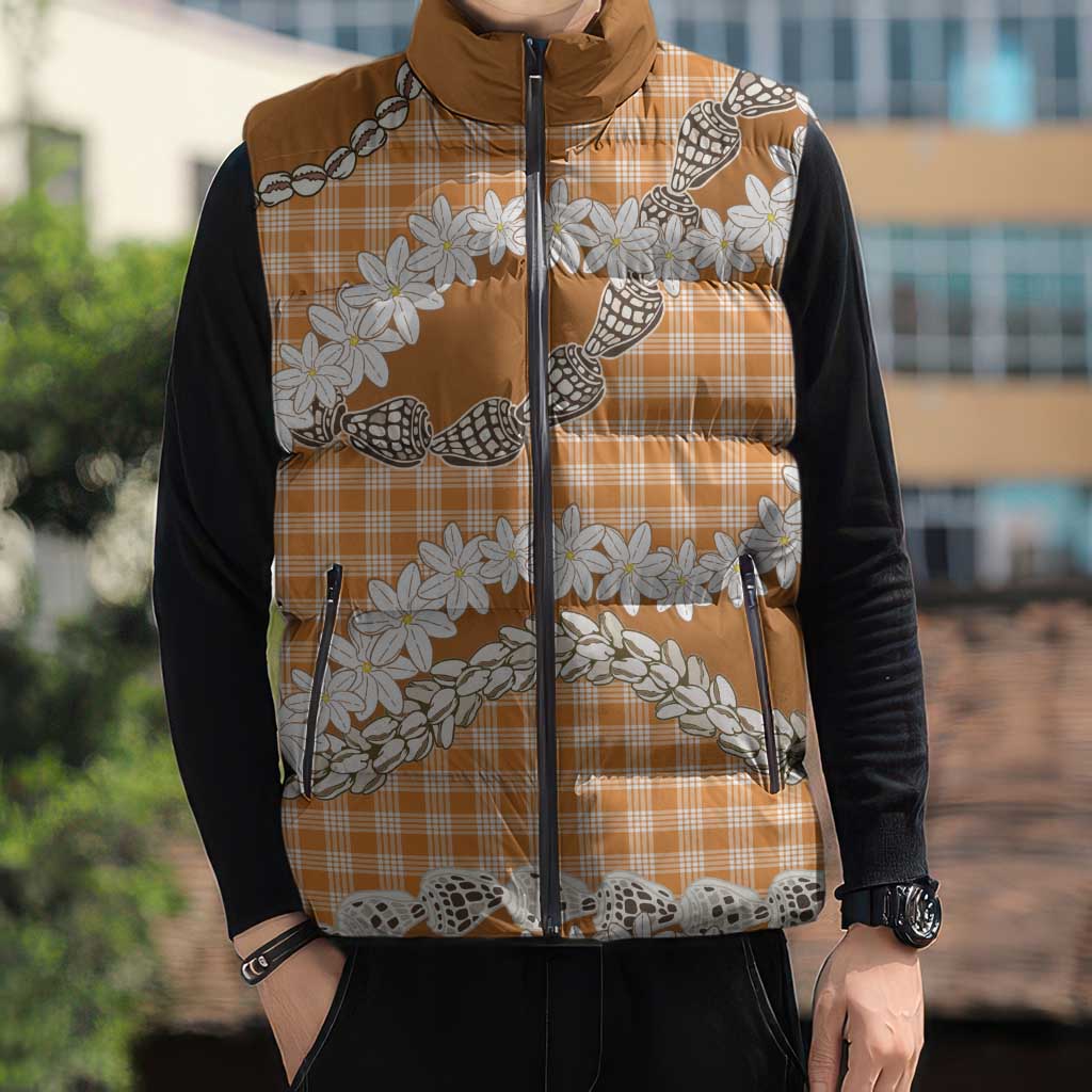Orange Hawaii Tiare and Shell Lei Sleeveless Puffer Jacket Hawaiian Palaka Luxury Vibes LT14 - Polynesian Pride