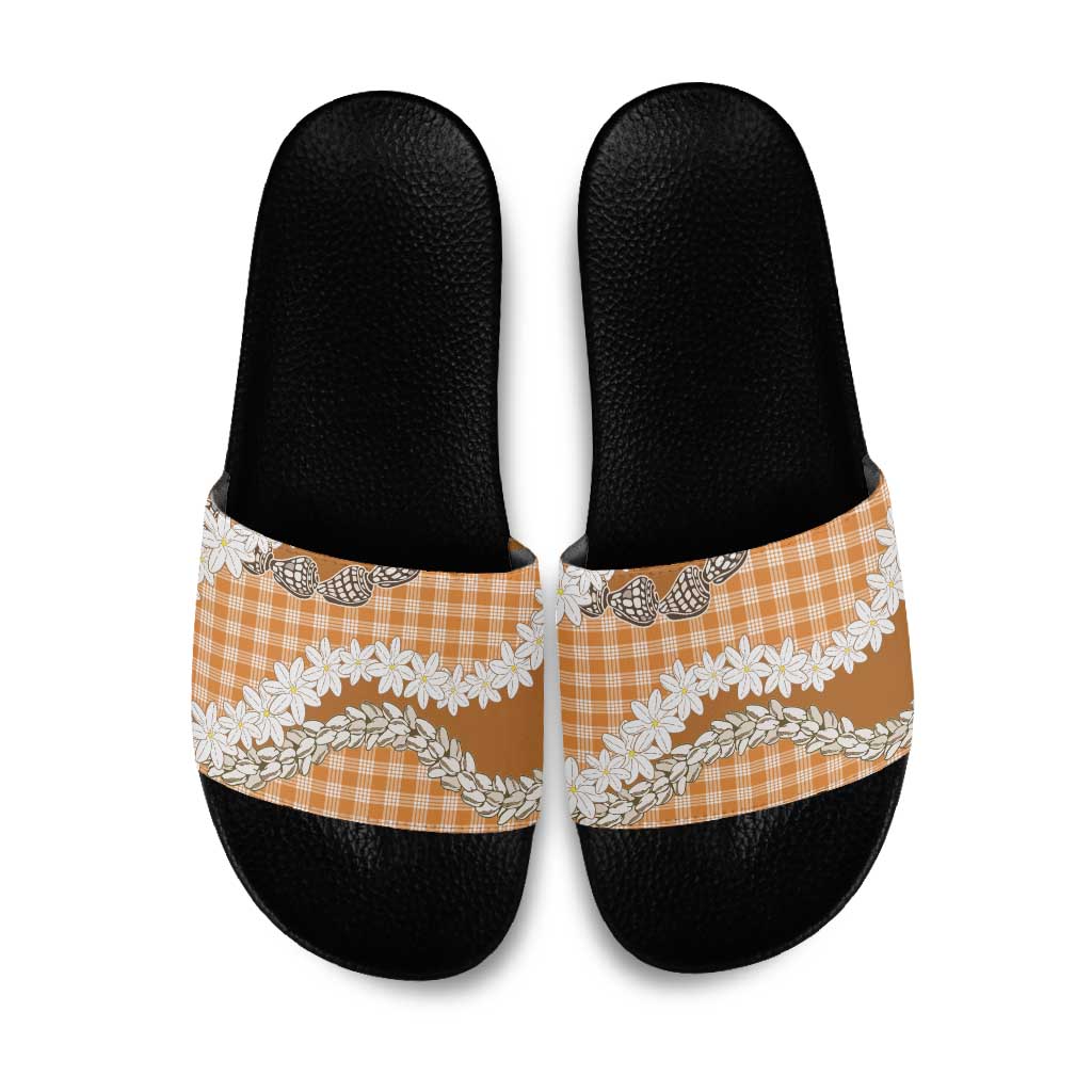 Orange Hawaii Tiare and Shell Lei Slide Sandals Hawaiian Palaka Luxury Vibes LT14 Orange - Polynesian Pride