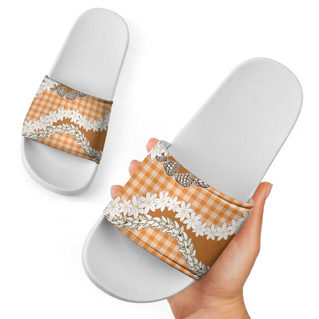 Orange Hawaii Tiare and Shell Lei Slide Sandals Hawaiian Palaka Luxury Vibes LT14 - Polynesian Pride