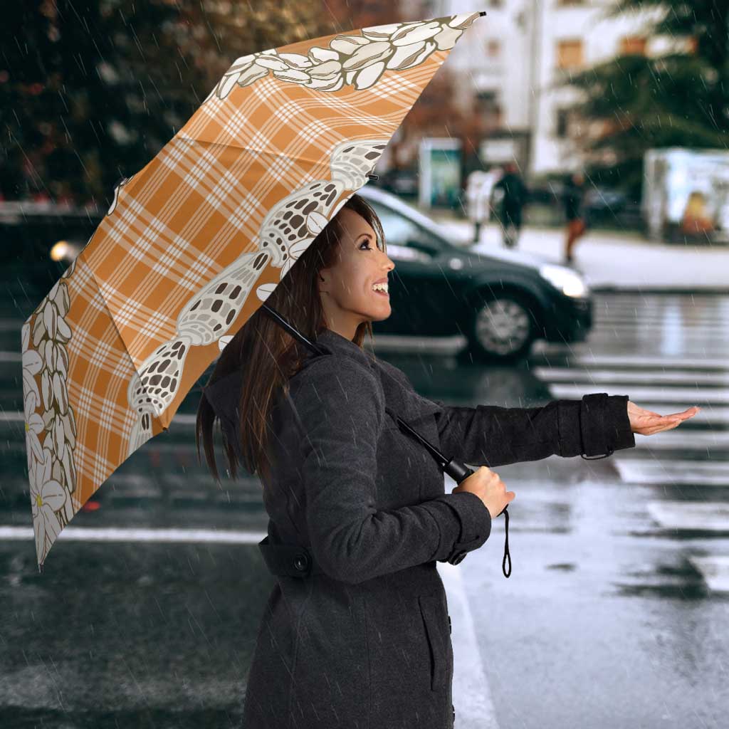 Orange Hawaii Tiare and Shell Lei Umbrella Hawaiian Palaka Luxury Vibes - Polynesian Pride