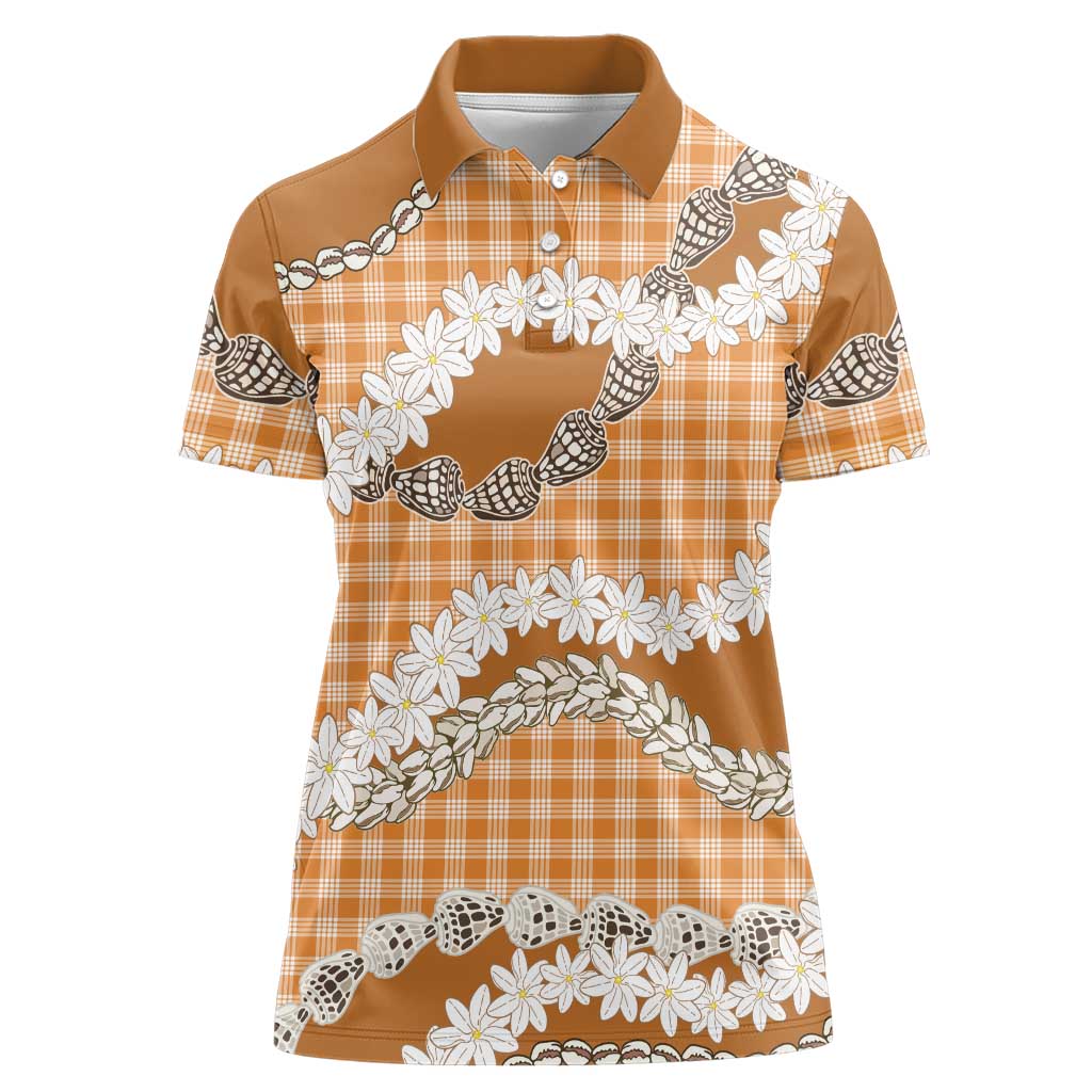 Orange Hawaii Tiare and Shell Lei Women Polo Shirt Hawaiian Palaka Luxury Vibes - Polynesian Pride