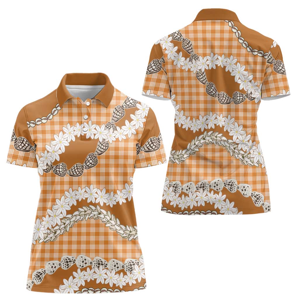 Orange Hawaii Tiare and Shell Lei Women Polo Shirt Hawaiian Palaka Luxury Vibes - Polynesian Pride