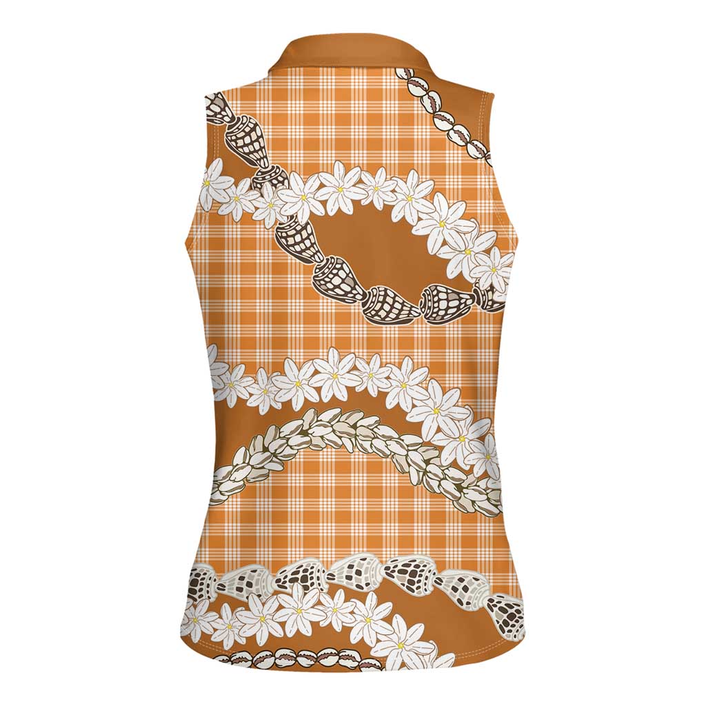 Orange Hawaii Tiare and Shell Lei Women Sleeveless Polo Shirt Hawaiian Palaka Luxury Vibes LT14 - Polynesian Pride
