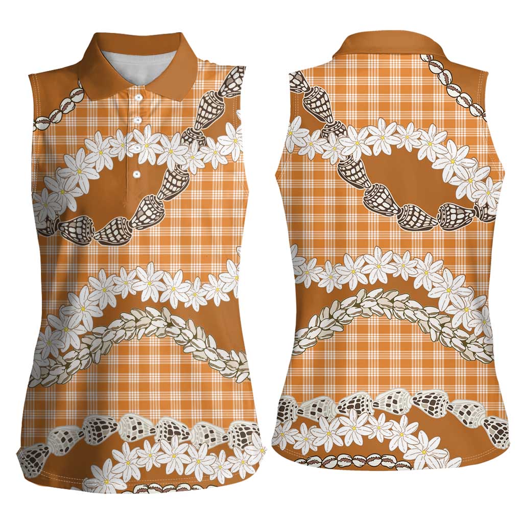 Orange Hawaii Tiare and Shell Lei Women Sleeveless Polo Shirt Hawaiian Palaka Luxury Vibes LT14 - Polynesian Pride