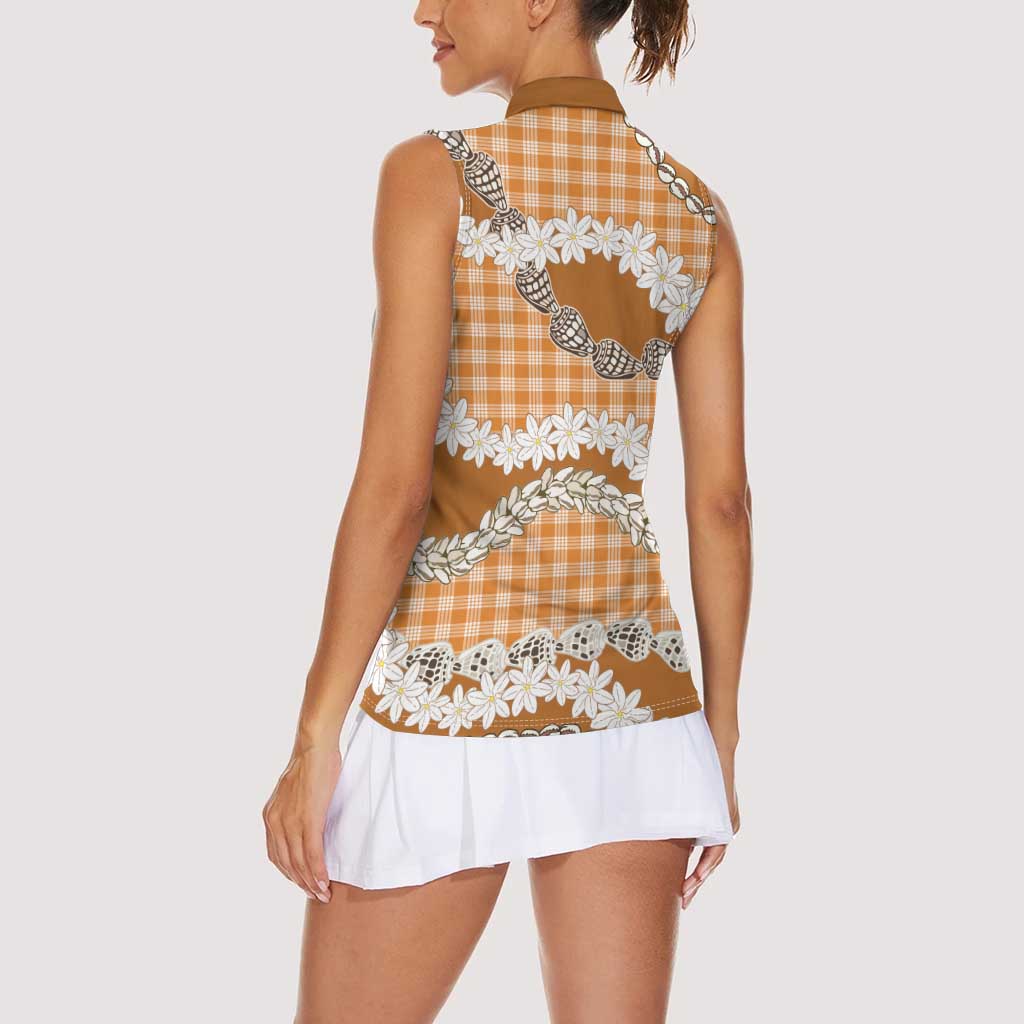 Orange Hawaii Tiare and Shell Lei Women Sleeveless Polo Shirt Hawaiian Palaka Luxury Vibes LT14 - Polynesian Pride