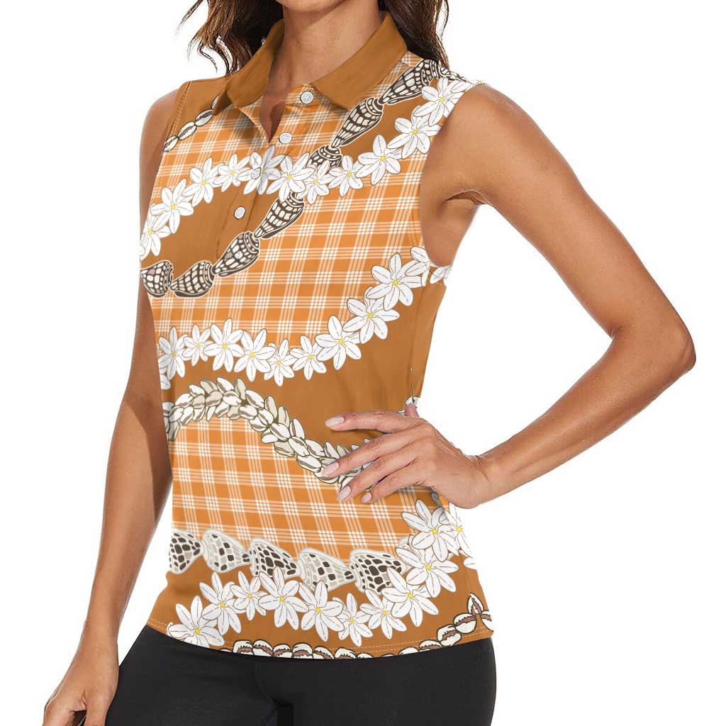 Orange Hawaii Tiare and Shell Lei Women Sleeveless Polo Shirt Hawaiian Palaka Luxury Vibes LT14 - Polynesian Pride