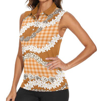 Orange Hawaii Tiare and Shell Lei Women Sleeveless Polo Shirt Hawaiian Palaka Luxury Vibes LT14 - Polynesian Pride
