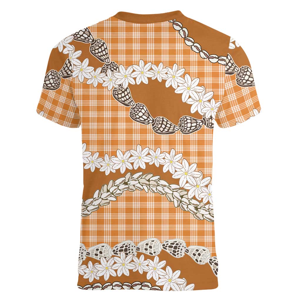 Orange Hawaii Tiare and Shell Lei Women V-Neck T-Shirt Hawaiian Palaka Luxury Vibes - Polynesian Pride