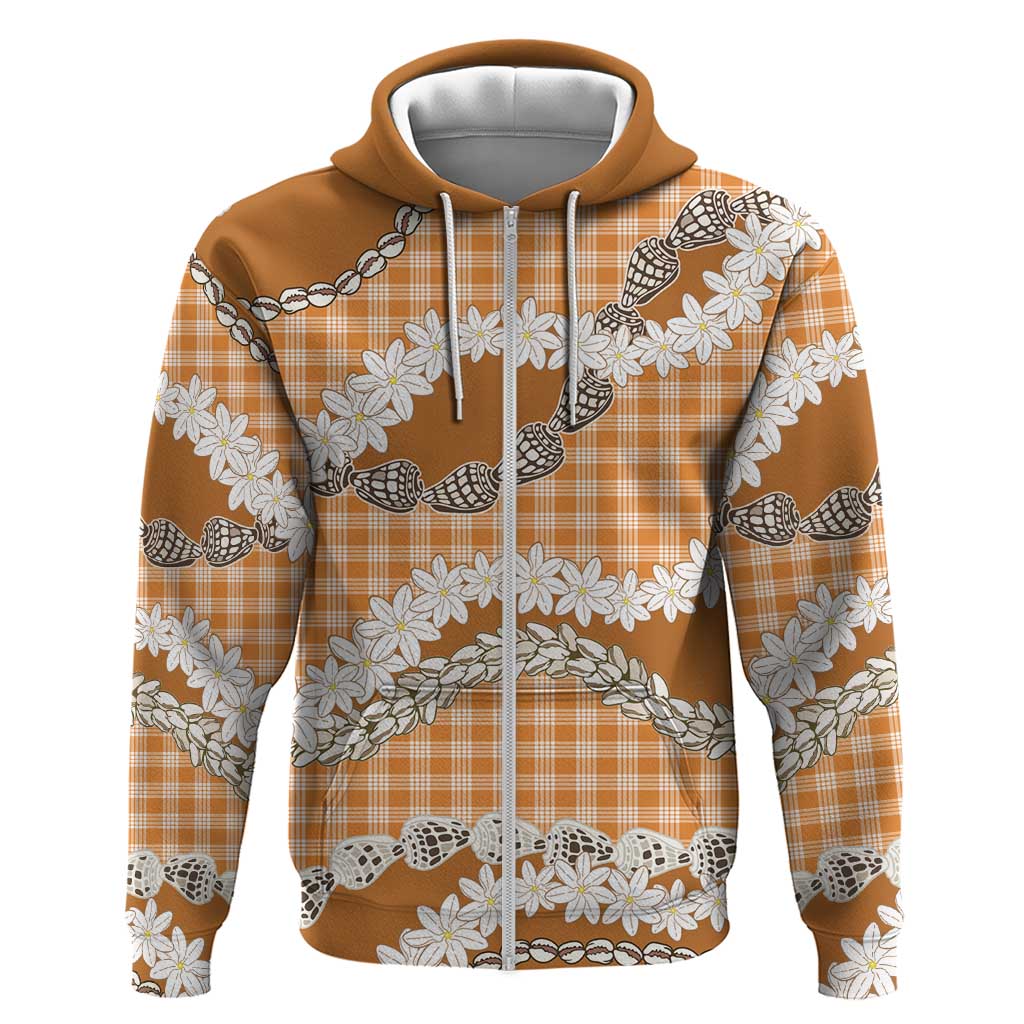 Orange Hawaii Tiare and Shell Lei Zip Hoodie Hawaiian Palaka Luxury Vibes - Polynesian Pride