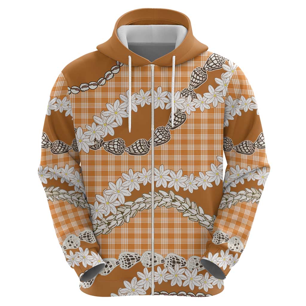 Orange Hawaii Tiare and Shell Lei Zip Hoodie Hawaiian Palaka Luxury Vibes - Polynesian Pride