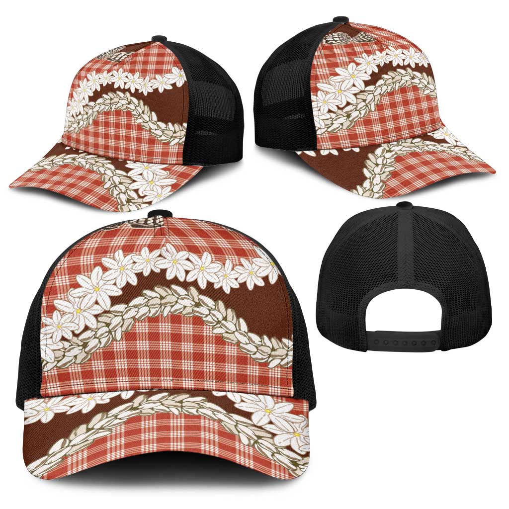 Red Hawaii Tiare and Shell Lei Baseball Net Cap Hawaiian Palaka Luxury Vibes - Polynesian Pride