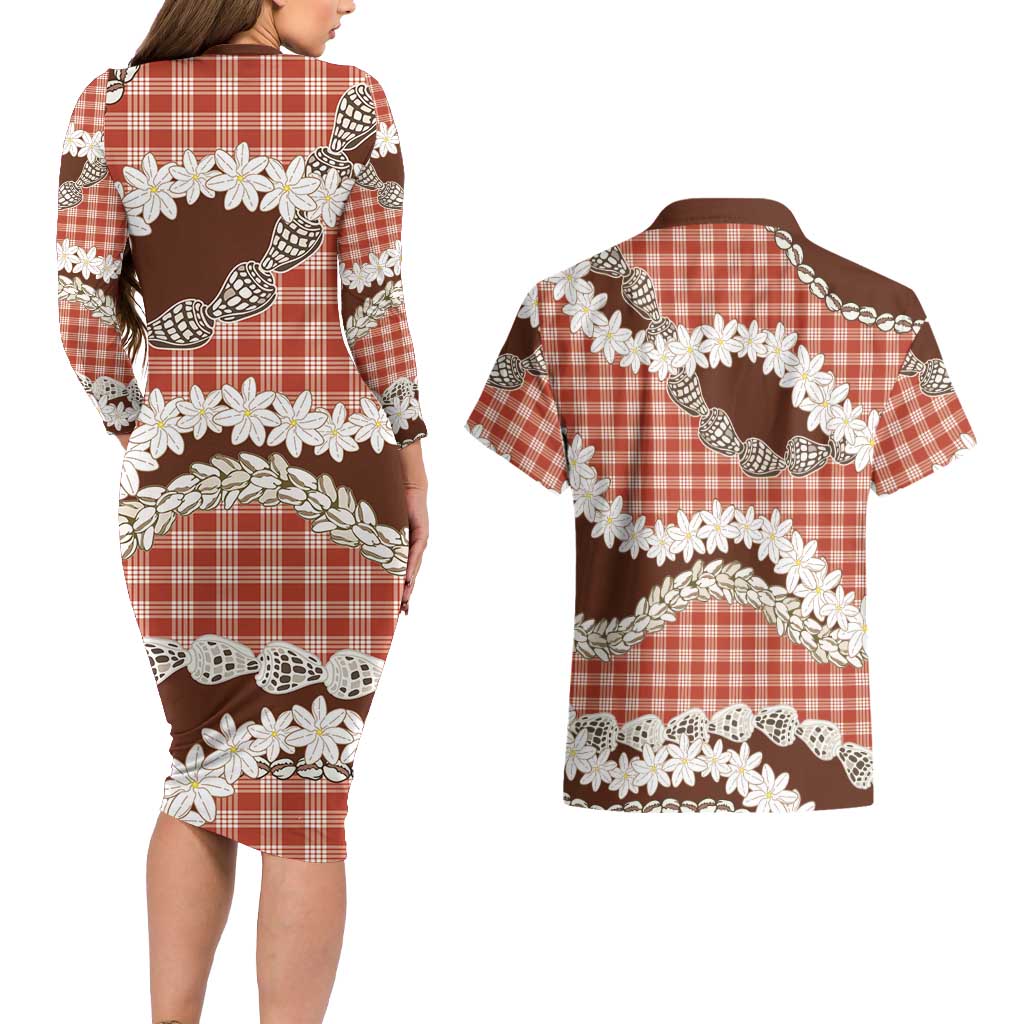 Red Hawaii Tiare and Shell Lei Couples Matching Long Sleeve Bodycon Dress and Hawaiian Shirt Hawaiian Palaka Luxury Vibes - Polynesian Pride