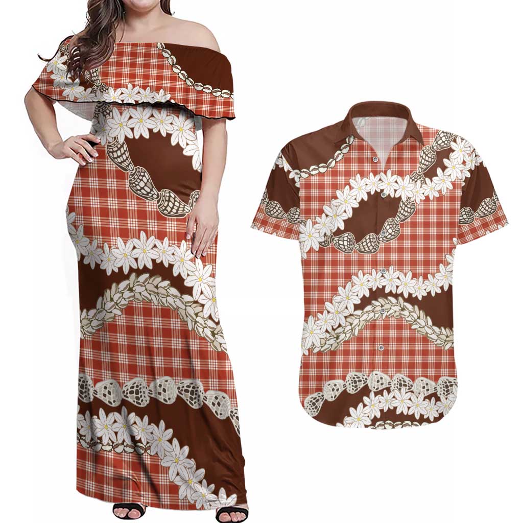 Red Hawaii Tiare and Shell Lei Couples Matching Off Shoulder Maxi Dress and Hawaiian Shirt Hawaiian Palaka Luxury Vibes - Polynesian Pride