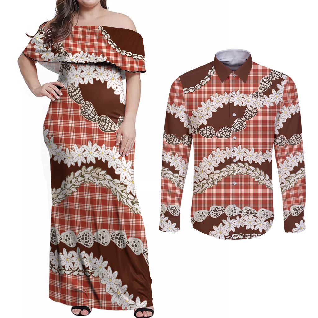 Red Hawaii Tiare and Shell Lei Couples Matching Off Shoulder Maxi Dress and Long Sleeve Button Shirt Hawaiian Palaka Luxury Vibes LT14 Red - Polynesian Pride
