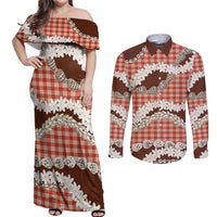 Red Hawaii Tiare and Shell Lei Couples Matching Off Shoulder Maxi Dress and Long Sleeve Button Shirt Hawaiian Palaka Luxury Vibes LT14 Red - Polynesian Pride
