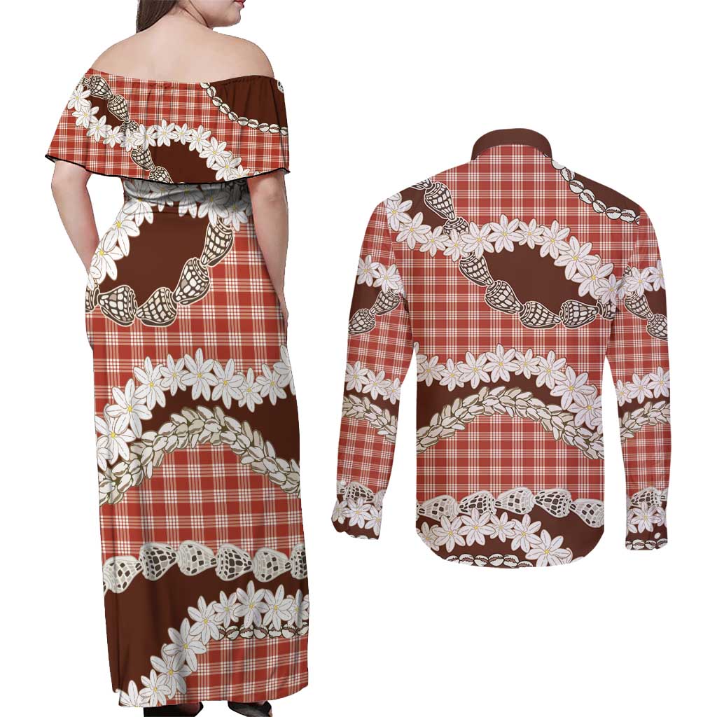 Red Hawaii Tiare and Shell Lei Couples Matching Off Shoulder Maxi Dress and Long Sleeve Button Shirt Hawaiian Palaka Luxury Vibes LT14 - Polynesian Pride