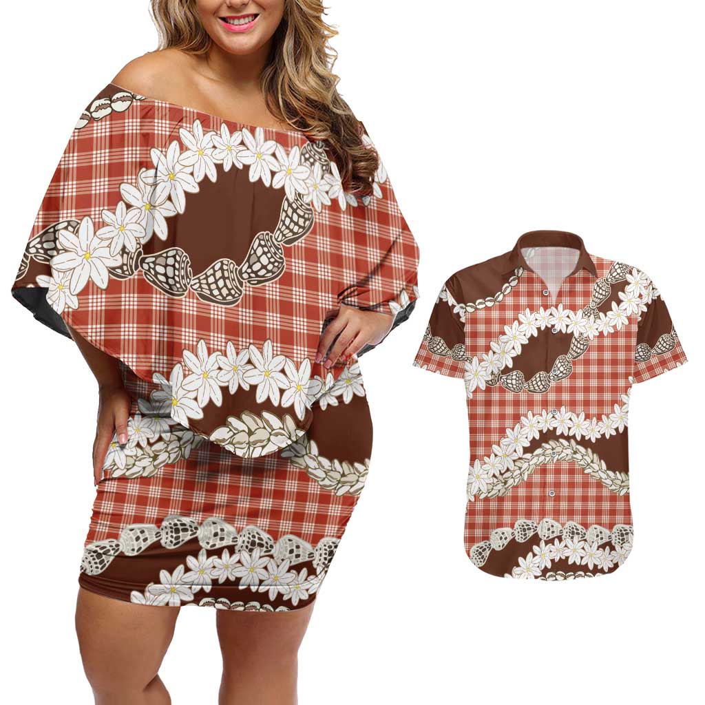 Red Hawaii Tiare and Shell Lei Couples Matching Off Shoulder Short Dress and Hawaiian Shirt Hawaiian Palaka Luxury Vibes - Polynesian Pride