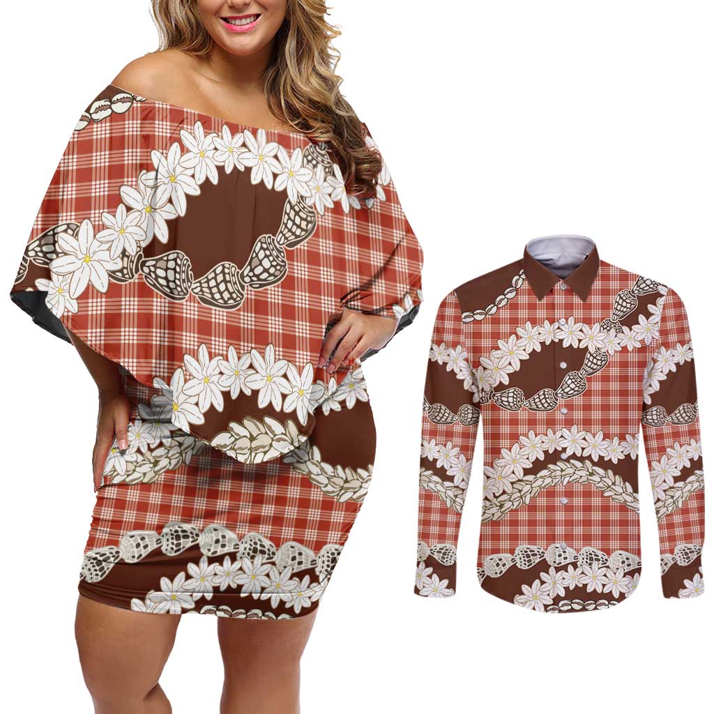 Red Hawaii Tiare and Shell Lei Couples Matching Off Shoulder Short Dress and Long Sleeve Button Shirt Hawaiian Palaka Luxury Vibes LT14 Red - Polynesian Pride