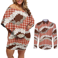 Red Hawaii Tiare and Shell Lei Couples Matching Off Shoulder Short Dress and Long Sleeve Button Shirt Hawaiian Palaka Luxury Vibes LT14 Red - Polynesian Pride
