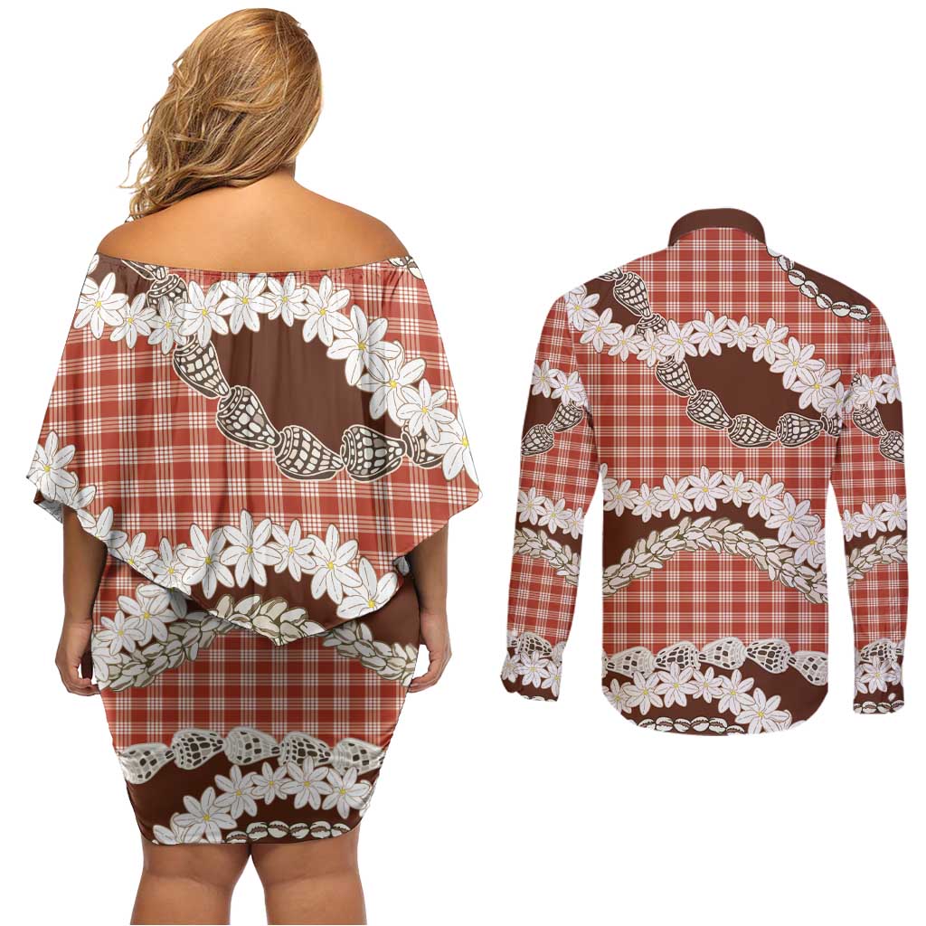 Red Hawaii Tiare and Shell Lei Couples Matching Off Shoulder Short Dress and Long Sleeve Button Shirt Hawaiian Palaka Luxury Vibes LT14 - Polynesian Pride