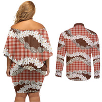 Red Hawaii Tiare and Shell Lei Couples Matching Off Shoulder Short Dress and Long Sleeve Button Shirt Hawaiian Palaka Luxury Vibes LT14 - Polynesian Pride