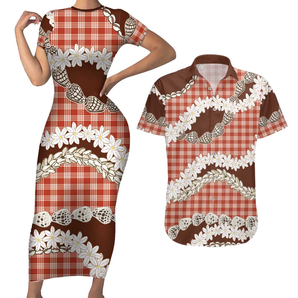 Red Hawaii Tiare and Shell Lei Couples Matching Short Sleeve Bodycon Dress and Hawaiian Shirt Hawaiian Palaka Luxury Vibes - Polynesian Pride
