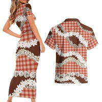 Red Hawaii Tiare and Shell Lei Couples Matching Short Sleeve Bodycon Dress and Hawaiian Shirt Hawaiian Palaka Luxury Vibes - Polynesian Pride