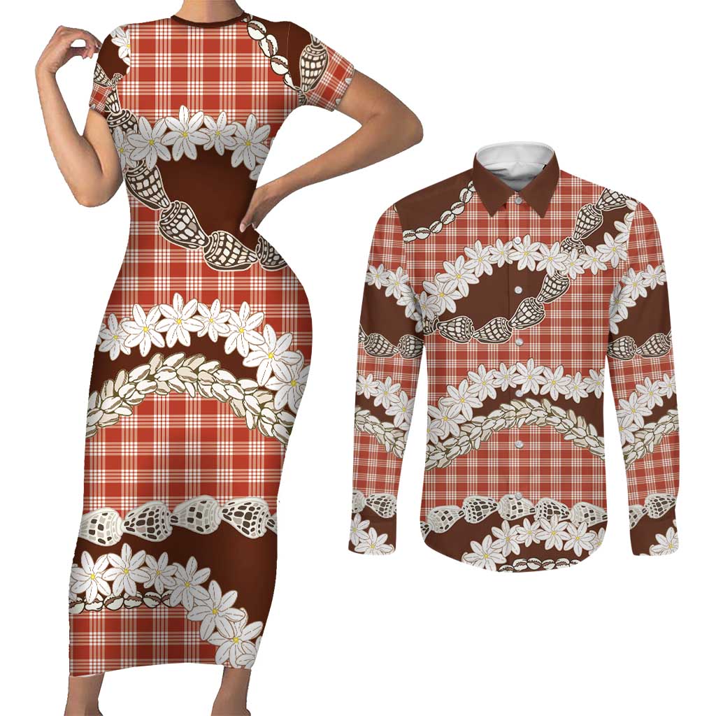 Red Hawaii Tiare and Shell Lei Couples Matching Short Sleeve Bodycon Dress and Long Sleeve Button Shirt Hawaiian Palaka Luxury Vibes LT14 Red - Polynesian Pride