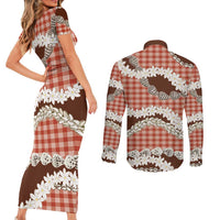 Red Hawaii Tiare and Shell Lei Couples Matching Short Sleeve Bodycon Dress and Long Sleeve Button Shirt Hawaiian Palaka Luxury Vibes LT14 - Polynesian Pride