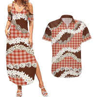 Red Hawaii Tiare and Shell Lei Couples Matching Summer Maxi Dress and Hawaiian Shirt Hawaiian Palaka Luxury Vibes - Polynesian Pride