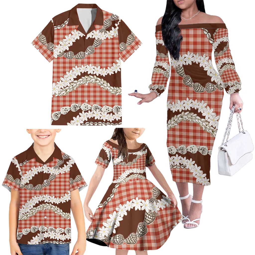 Red Hawaii Tiare and Shell Lei Family Matching Off The Shoulder Long Sleeve Dress and Hawaiian Shirt Hawaiian Palaka Luxury Vibes - Polynesian Pride