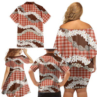 Red Hawaii Tiare and Shell Lei Family Matching Off Shoulder Short Dress and Hawaiian Shirt Hawaiian Palaka Luxury Vibes - Polynesian Pride