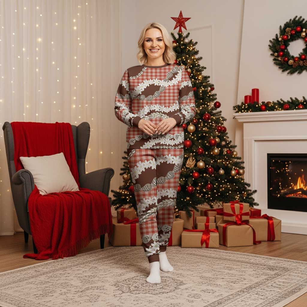 Red Hawaii Tiare and Shell Lei Christmas Pajama Set Hawaiian Palaka Luxury Vibes - Polynesian Pride
