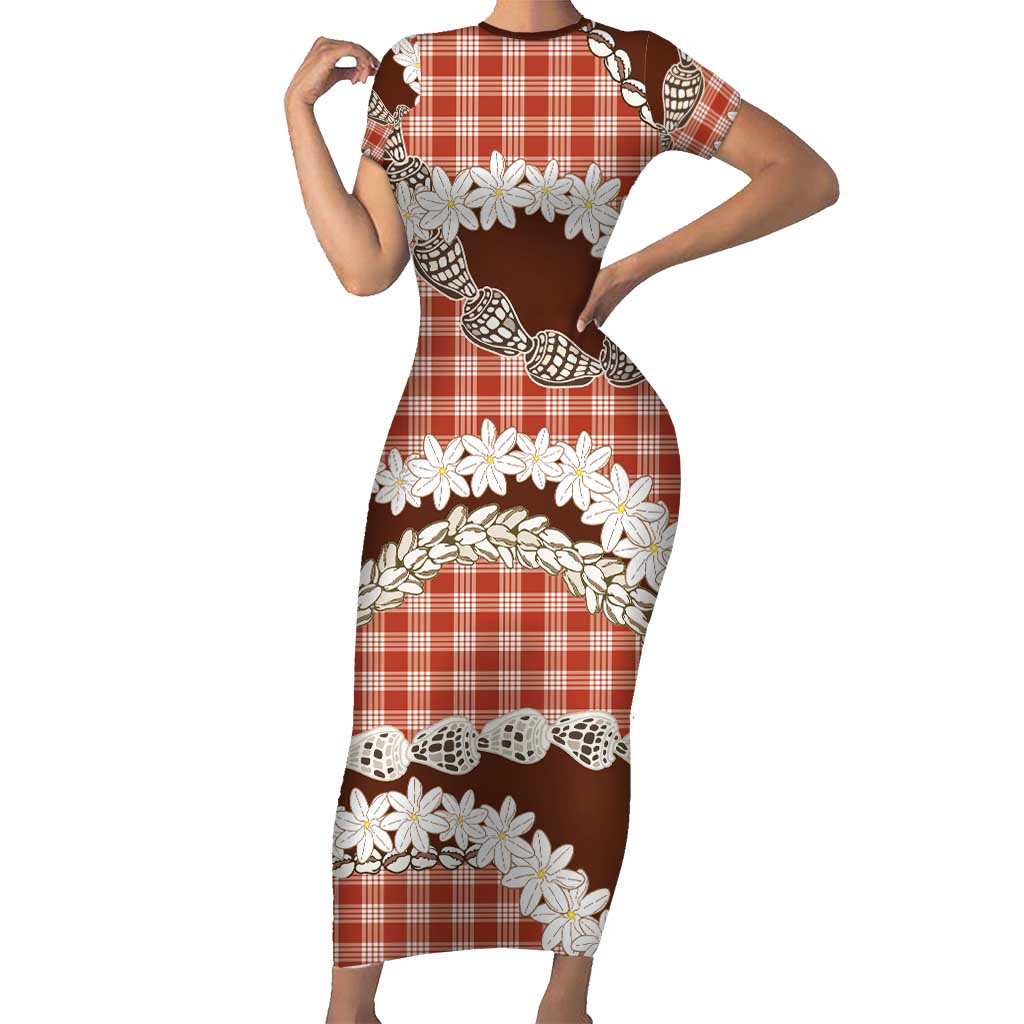 Red Hawaii Tiare and Shell Lei Short Sleeve Bodycon Dress Hawaiian Palaka Luxury Vibes LT14 Long Dress Red - Polynesian Pride