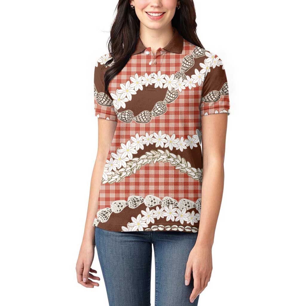 Red Hawaii Tiare and Shell Lei Women Polo Shirt Hawaiian Palaka Luxury Vibes - Polynesian Pride