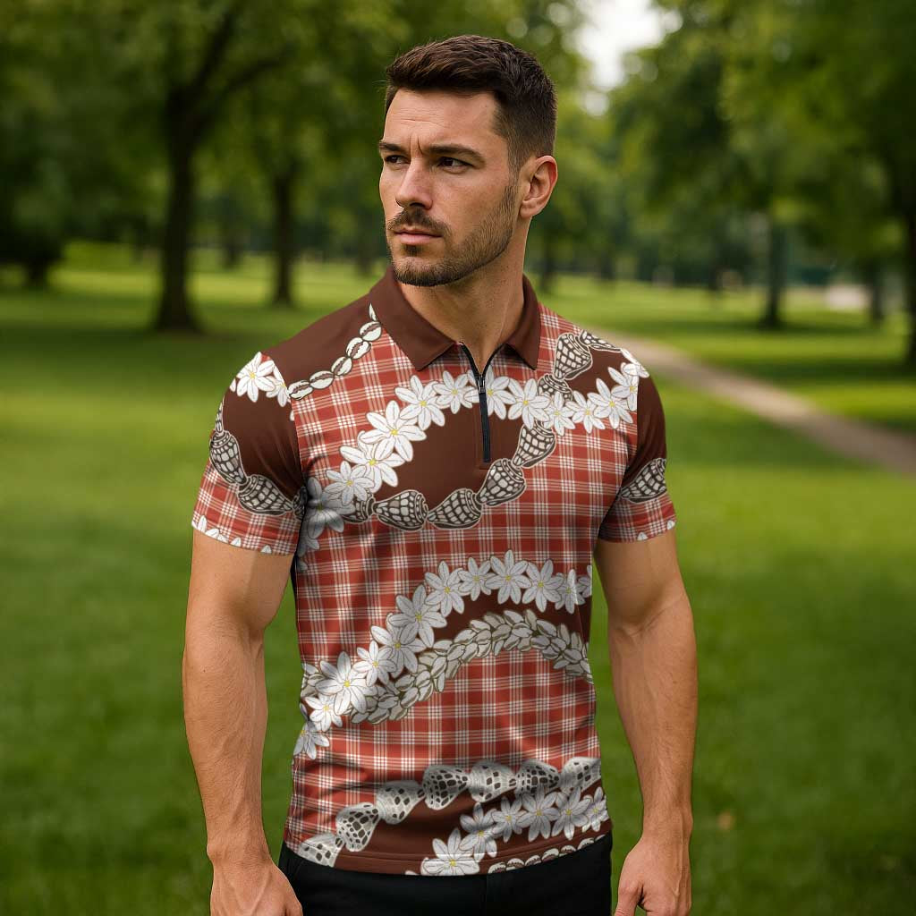 Red Hawaii Tiare and Shell Lei Zipper Polo Shirt Hawaiian Palaka Luxury Vibes LT14 - Polynesian Pride