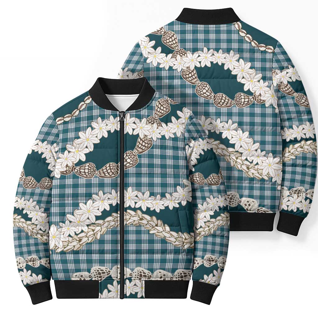 Dark Cyan Hawaii Tiare and Shell Lei Bomber Puffer Jacket Hawaiian Palaka Luxury Vibes - Polynesian Pride