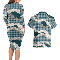Dark Cyan Hawaii Tiare and Shell Lei Couples Matching Long Sleeve Bodycon Dress and Hawaiian Shirt Hawaiian Palaka Luxury Vibes - Polynesian Pride