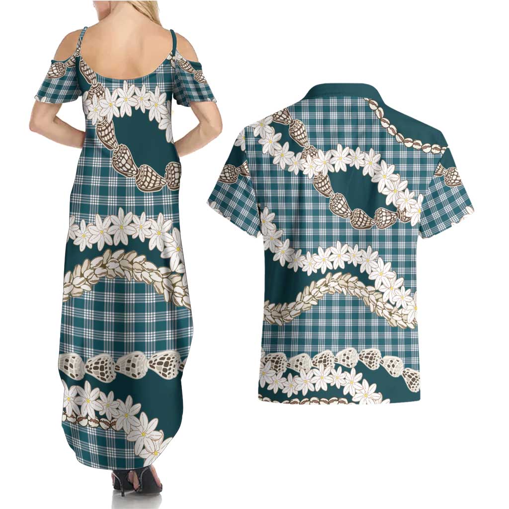 Dark Cyan Hawaii Tiare and Shell Lei Couples Matching Summer Maxi Dress and Hawaiian Shirt Hawaiian Palaka Luxury Vibes - Polynesian Pride