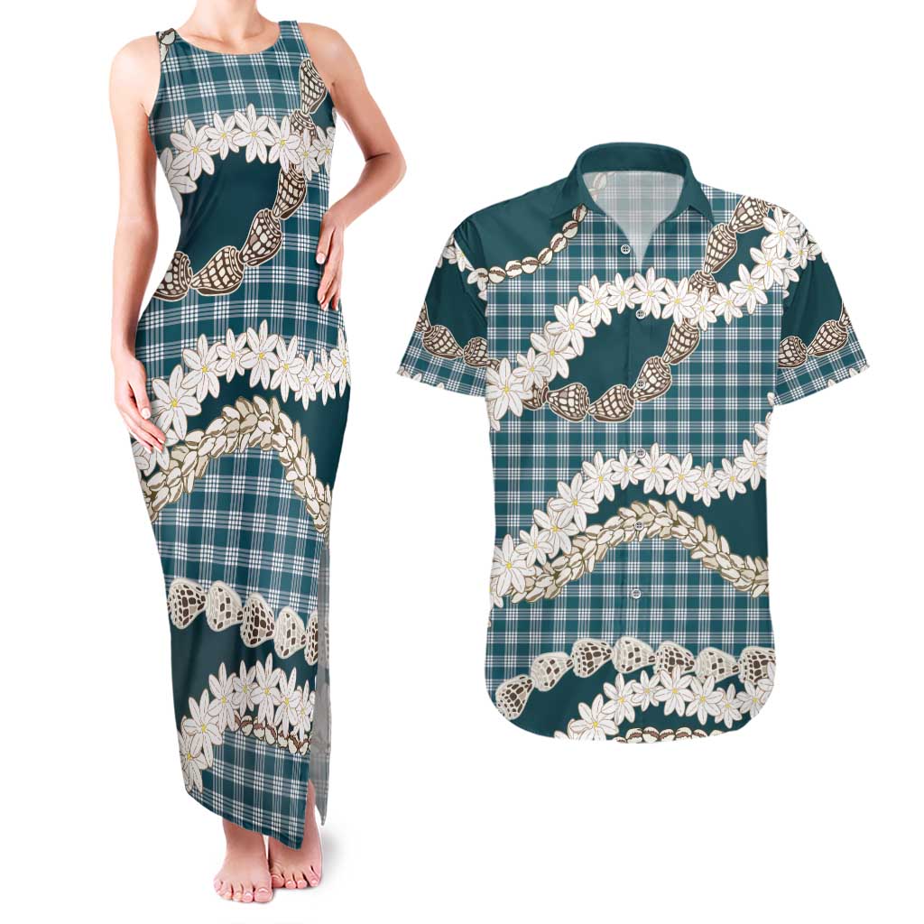 Dark Cyan Hawaii Tiare and Shell Lei Couples Matching Tank Maxi Dress and Hawaiian Shirt Hawaiian Palaka Luxury Vibes - Polynesian Pride