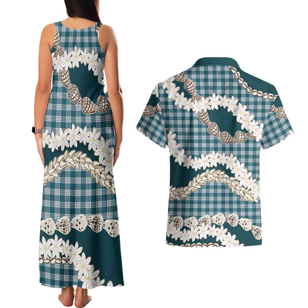 Dark Cyan Hawaii Tiare and Shell Lei Couples Matching Tank Maxi Dress and Hawaiian Shirt Hawaiian Palaka Luxury Vibes - Polynesian Pride