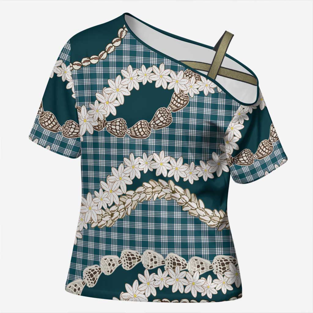 Dark Cyan Hawaii Tiare and Shell Lei Cross Shoulder Shirt Hawaiian Palaka Luxury Vibes - Polynesian Pride