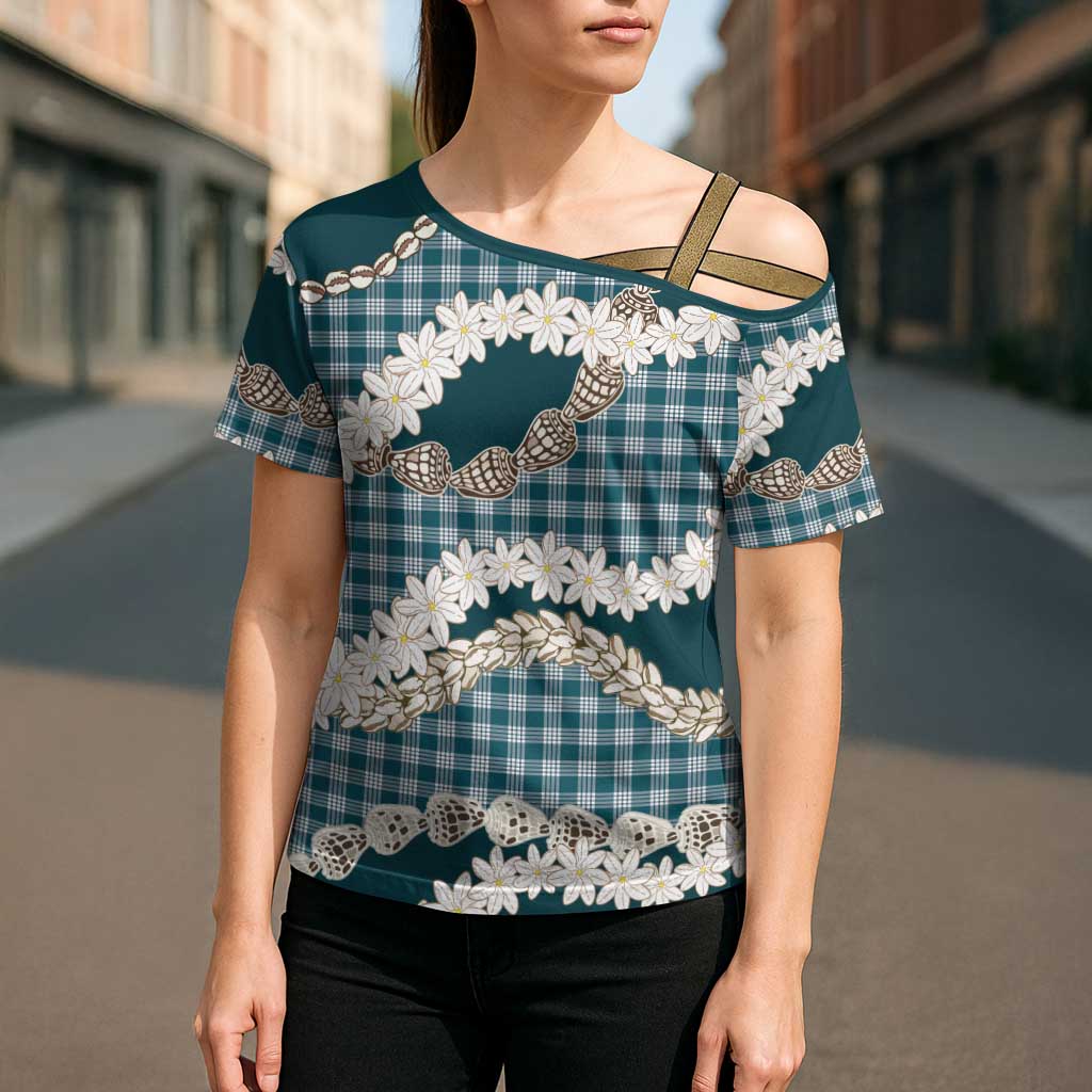 Dark Cyan Hawaii Tiare and Shell Lei Cross Shoulder Shirt Hawaiian Palaka Luxury Vibes - Polynesian Pride