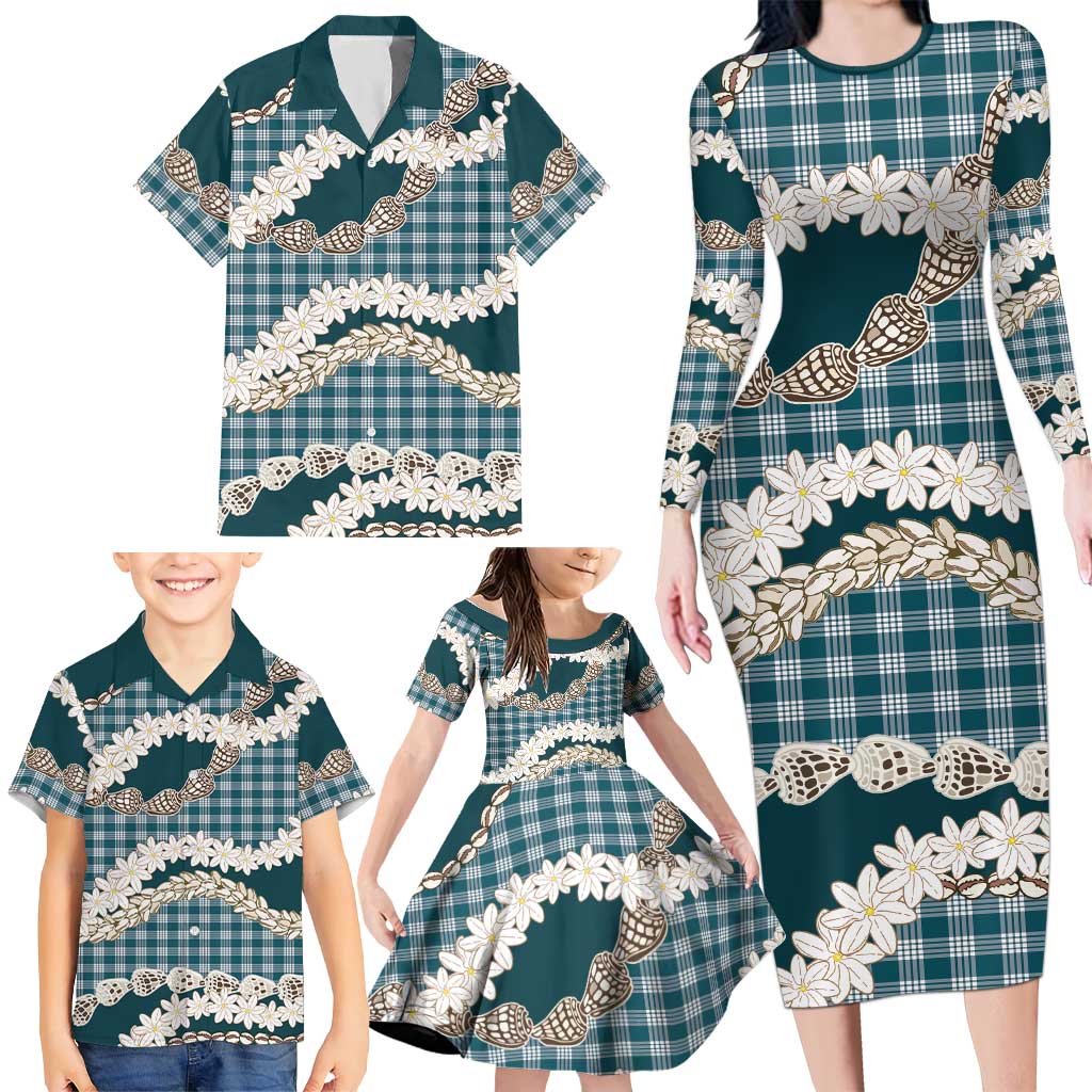 Dark Cyan Hawaii Tiare and Shell Lei Family Matching Long Sleeve Bodycon Dress and Hawaiian Shirt Hawaiian Palaka Luxury Vibes - Polynesian Pride