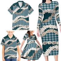 Dark Cyan Hawaii Tiare and Shell Lei Family Matching Long Sleeve Bodycon Dress and Hawaiian Shirt Hawaiian Palaka Luxury Vibes - Polynesian Pride