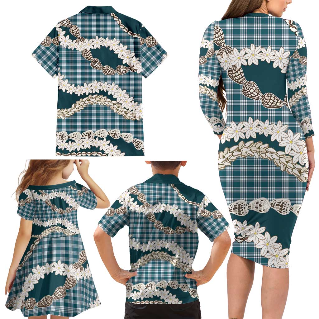 Dark Cyan Hawaii Tiare and Shell Lei Family Matching Long Sleeve Bodycon Dress and Hawaiian Shirt Hawaiian Palaka Luxury Vibes - Polynesian Pride